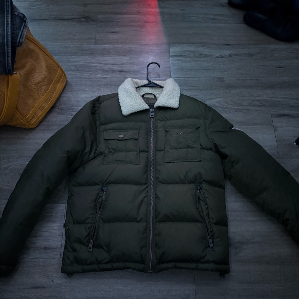 Guess Dark Green Puffer Jacket with Shearling Collar